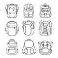 Set school backpack, sport and travel bag line icon